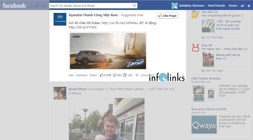 Quảng cáo Facebook Sponsored Story (Suggested Post) của Huyndai Thành Công hiển thị trong News Feed của Facebook